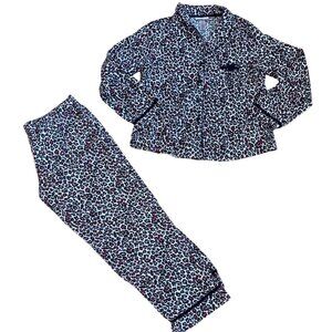 laSenza Pajamas Womens Leopard Print Button Up Lg Black White Pink Lace Trim